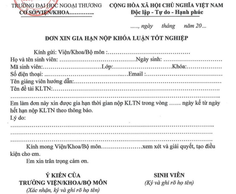 ĐƠN XIN GIA HẠN NỘP KHÓA LUẬN TỐT NGHIỆP