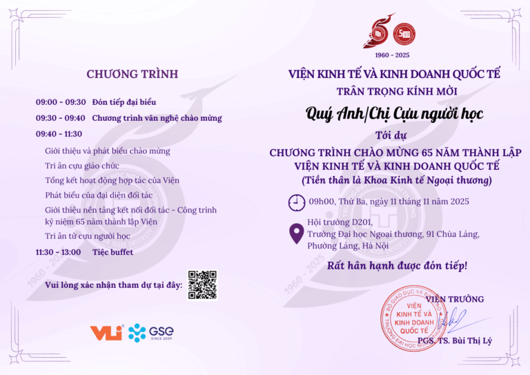 THƯ MỜI THAM DỰ CHƯƠNG TRÌNH CHÀO MỪNG 65 NĂM THÀNH LẬP VIỆN KINH TẾ VÀ KINH DOANH QUỐC TẾ