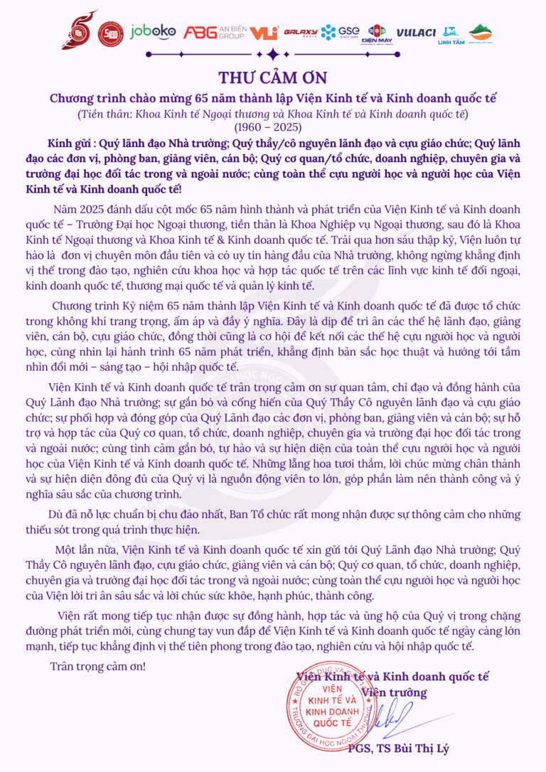 Thư cảm ơn Chương trình 65 năm thành lập Viện Kinh tế và Kinh doanh quốc tế