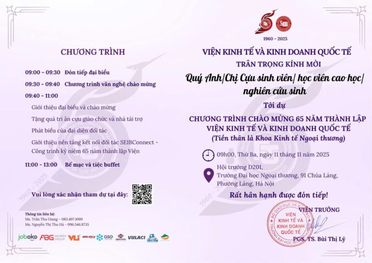THƯ MỜI THAM DỰ CHƯƠNG TRÌNH CHÀO MỪNG 65 NĂM THÀNH LẬP VIỆN KINH TẾ VÀ KINH DOANH QUỐC TẾ