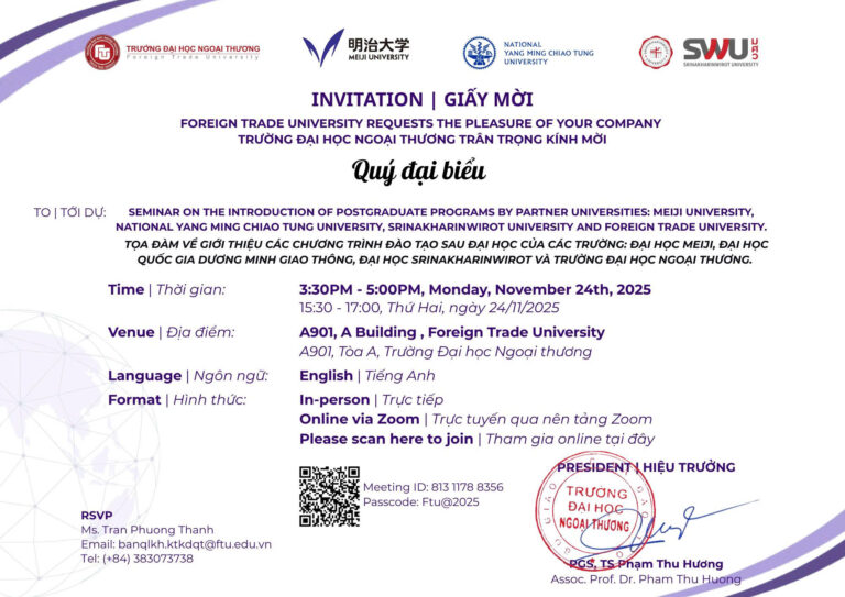 Viện KT&KDQT tổ chức Tọa đàm “Giới thiệu các Chương trình đào tạo Sau đại học của Đại học Meiji (Nhật Bản), Đại học Quốc gia Dương Minh Giao Thông (Đài Loan), Đại học Srinakharinwirot (Thái Lan) và Đại học Ngoại thương (Việt Nam)”